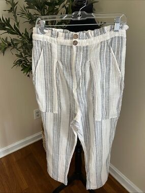 Free People Cream and Black Striped Cropped Linen Pants